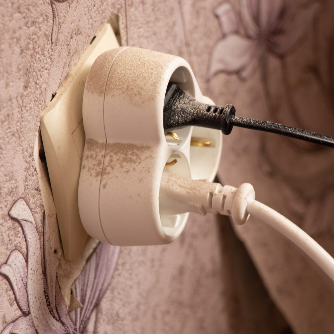 close-up of an outlet on the wall of a house with electrical cables included in it